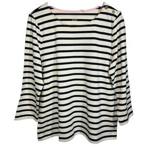 Boden Top Striped 3/4 Sleeve Knit Blue Cream Gold Buttons Cotton Sz 12 NWT New